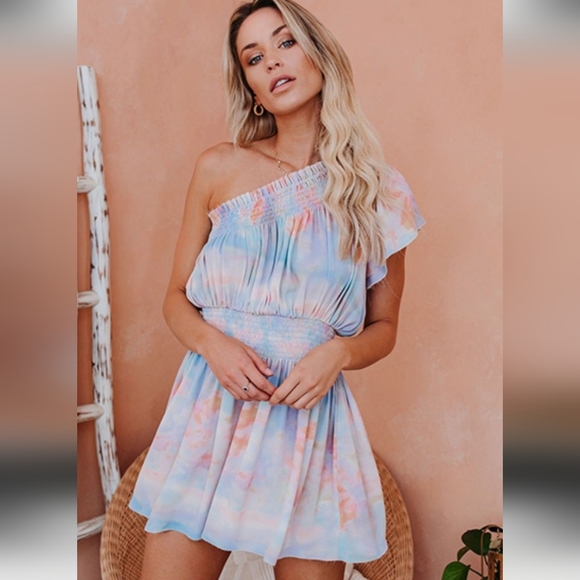 SKYLAR + MADISON Pastel Watercolor Chiffon One Shoulder Mini Dress. Blue/pink. M - Picture 1 of 14